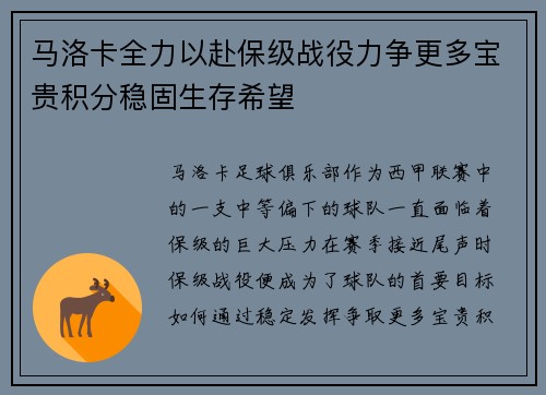 马洛卡全力以赴保级战役力争更多宝贵积分稳固生存希望