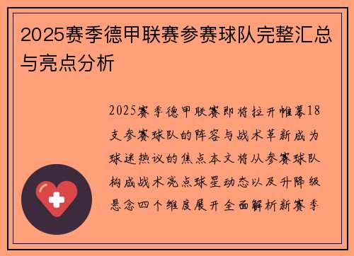 2025赛季德甲联赛参赛球队完整汇总与亮点分析