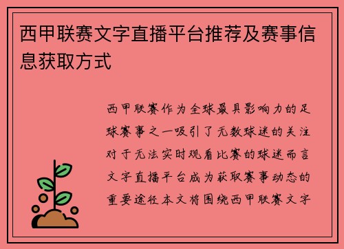 西甲联赛文字直播平台推荐及赛事信息获取方式